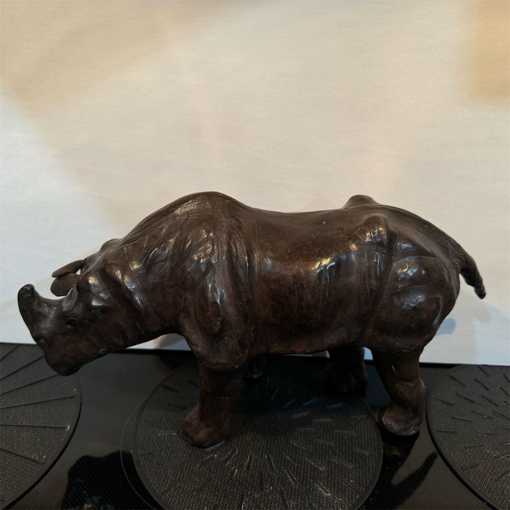 Vintage Leather Wrapped Rhinoceros Animal Sculpture Dark Decor